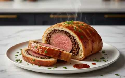 Un jugoso solomillo Wellington, recién horneado y humeante, servido en un plato blanco con perejil picado y una pizca de salsa.