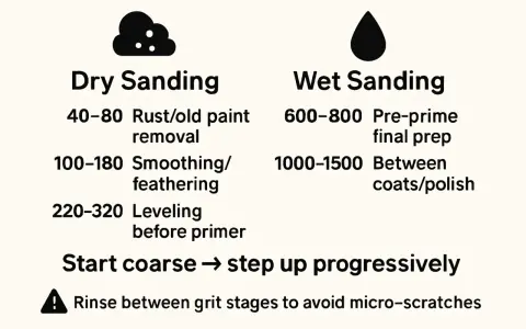 Guide to dry and wet sandpaper for car paint, showing grit ranges for rust removal, smoothing, and final prep. Start coarse, step up.