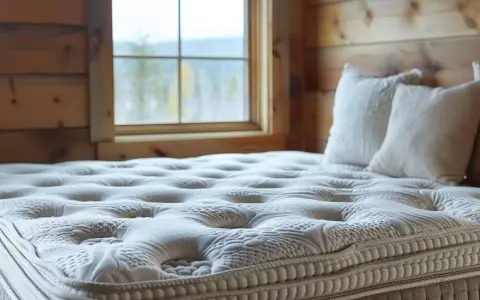 Garnissage matelas confortable avec motif capitonné, prêt pour une nuit paisible dans un chalet en bois, avec vue sur la nature par la fenêtre.