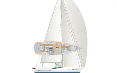 Grundriss einer Segelyacht von Kraken Yachts mit detaillierten Innenmaßen und Ansicht des Rumpfes mit Segeln.