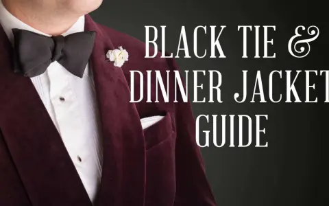 A man in a burgundy velvet dinner jacket, ready for a black tie event. The text reads "BLACK TIE & DINNER JACKET GUIDE.