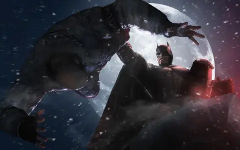 Batman z gry Batman Arkham Origins walczy z przeciwnikiem na tle księżyca.