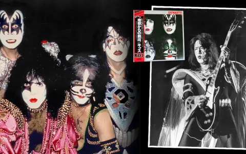Medlemmar av KISS med sina ikoniska sminkningar och scenkläder. En bild visar bandet samlat, en annan en medlem som spelar gitarr.
