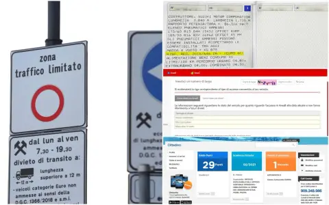 Segnale di zona traffico limitato e dettaglio veicolo con classe ambientale **auto euro 5**.