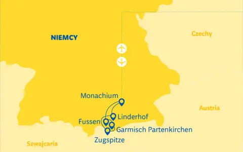 Mapa Bawarii z zaznaczonymi Monachium, Fussen, Linderhof, Garmisch-Partenkirchen i Zugspitze.