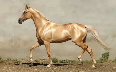 Cheval Akhal-Teke doré, silhouette élancée, crinière et queue claires, se déplaçant avec grâce devant un mur de pierre.