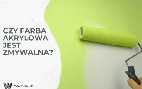 Wałek malarski pokrywa ścianę jasną zieloną farbą. Czy farba akrylowa jest zmywalna? Dowiedz się więcej na www.woow.expert.
