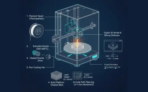 Diagram illustrating how a fdm printer works, showing filament spool, heated nozzle, build platform, and software.