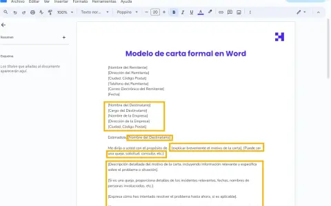 Plantilla para saber como se escribe una carta formal en Word, con campos para remitente, destinatario y el cuerpo del mensaje.