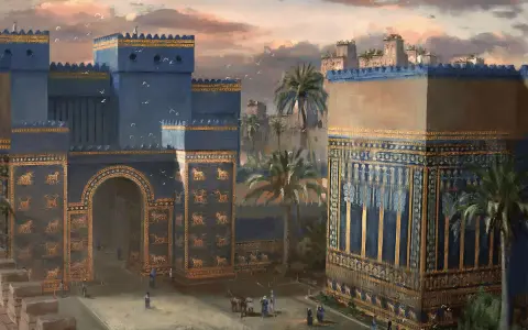 La porte d'Ishtar, monumentale et bleue, ornée de lions dorés, s'élève majestueusement sous un ciel crépusculaire. Des palmiers et des silhouettes humaines animent ce paysage antique.