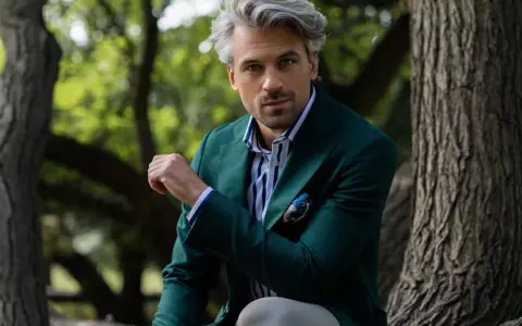 Elegancki mężczyzna w zielonej marynarce i koszulce polo z niebieskimi paskami, siedzący na tle drzew.