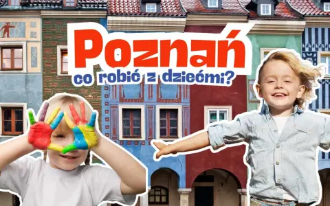 Poznań: kolorowe ręce dziecka i uśmiechnięty chłopiec na tle kamienic. Idealne atrakcje dla dzieci w Poznaniu!