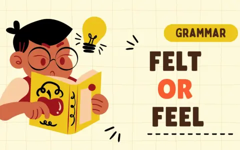 Chłopiec z okularami czyta książkę, a nad nim żarówka symbolizuje pomysł. Tekst "GRAMMAR FELT OR FEEL" sugeruje naukę gramatyki, gdzie "felt" i "feel" to dwie formy.