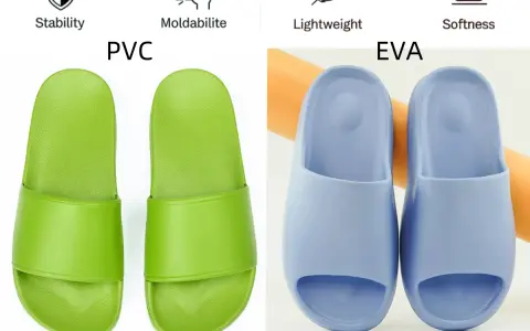Chanclas verdes de PVC y chanclas azules de **eva material**, ligeras y suaves.