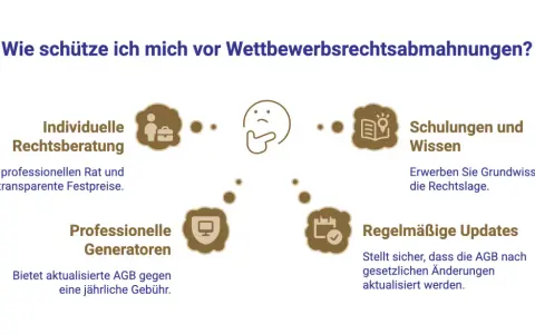 Grafik zeigt Wege, sich vor einer Abmahnung zu schützen: Rechtsberatung, Schulungen, Generatoren und Updates.