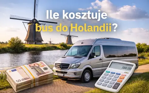 Ile kosztuje bus do Holandii? Stos pieniędzy i kalkulator obok srebrnego busa na tle holenderskich wiatraków.