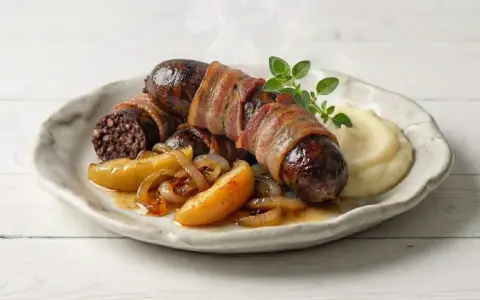 Pyszna kaszanka z piekarnika, owinięta boczkiem, podana z jabłkami i puree.