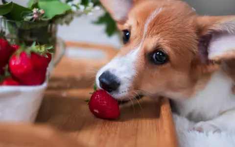 Szczeniak corgi wącha truskawkę na drewnianej desce.