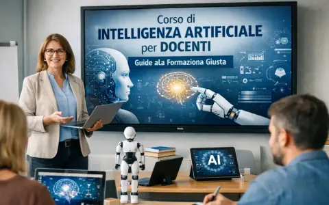 Docente presenta un seminario online sull'intelligenza artificiale per insegnanti, con un robot e schermi che mostrano concetti di AI.