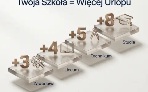 Szkoła zawodowa wlicza się do stażu pracy, dodając 3 lata. Wyższe stopnie edukacji, jak liceum (+4 lata), technikum (+5 lat) i studia (+8 lat), również zwiększają staż urlopowy.