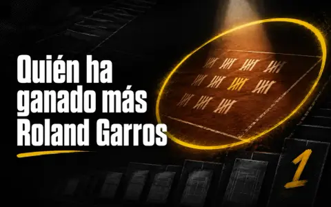 ¿Quién ha ganado más Roland Garros? La imagen muestra una cancha de tierra batida con marcas de victorias y un gran número "1", sugiriendo un campeón legendario.