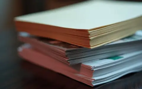 Stosy papieru o różnej grubości kartki. Górny stos ma kremowe kartki, poniżej pomarańczowe, a na dole białe z zielonymi elementami.