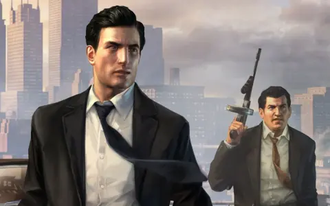 Dwóch mężczyzn w garniturach na tle miasta. Jeden z nich trzyma broń. To kadr z gry Mafia 2, idealny do poradnika.