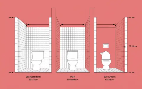 Comparaison des dimensions des cabines WC : standard, PMR et enfant. La hauteur cuvette wc est implicitement représentée par les différentes tailles de cabines.