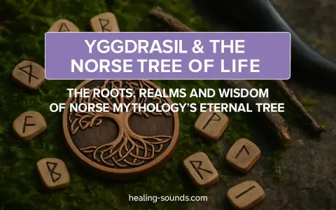 Un arbre de vie sculpté, entouré de runes, symbole nature de la mythologie nordique.