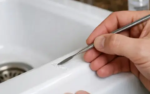 Main d'une personne utilisant un outil pour réparer une rayure sur un lavabo blanc.