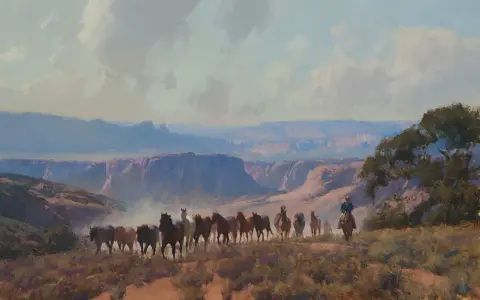A herd of horses moves through a canyon landscape, guided by a lone rider. This scene captures the spirit of western artists.