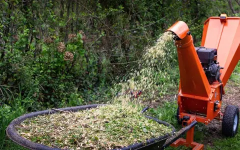 Une brouette remplie de broyat de bois, projeté par une déchiqueteuse orange.