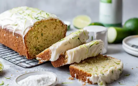 Delicioso pastel de calabacín con glaseado blanco y ralladura verde, acompañado de limas frescas.