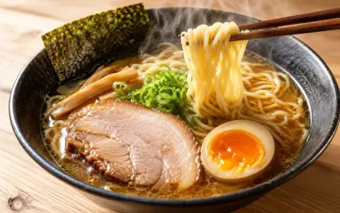 Parujące, aromatyczne **co to jest ramen** z makaronem, plastrem wieprzowiny, jajkiem i nori.
