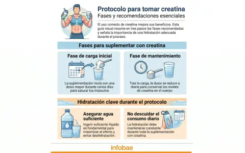 Guía visual sobre cuándo tomar creatina: fases de carga y mantenimiento, y la importancia de la hidratación.