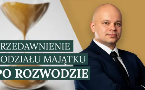 Klepsydra symbolizuje upływ czasu, a mężczyzna w garniturze sugeruje, że temat dotyczy prawnych aspektów podziału majątku po rozwodzie i przedawnienia.