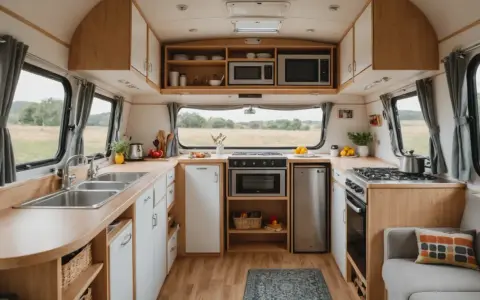 Cuisine de caravane rénovée : plans de travail en bois, évier double, plaques de cuisson, four, réfrigérateur et rangements. Idées pour comment refaire l'intérieur d'une caravane.