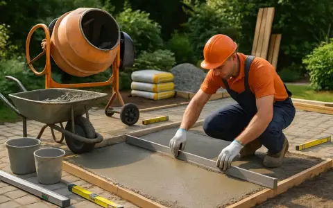 Un ouvrier utilise une règle de maçon pour niveler du béton fraîchement coulé. Il est en train de travailler sur le temps pour couler 1m3 béton seul.