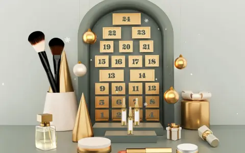 Adventskalender Frauen Kosmetik: Pinsel, Parfum und Lippenstift warten hinter den Türchen. Goldene Kugeln und Weihnachtsbäume schmücken die Szene.