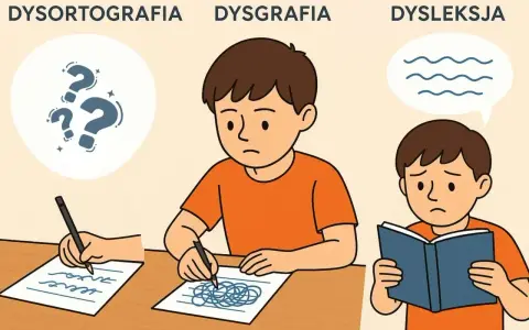 Chłopiec zmagający się z dysleksją, dysgrafią i dysortografią. Jego trudności w nauce są widoczne na papierze i w jego wyrazie twarzy.
