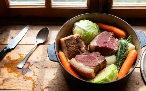 Un plat mijoté de potee au chou, avec des morceaux de bœuf, des carottes, du chou et des herbes, prêt à être cuit.