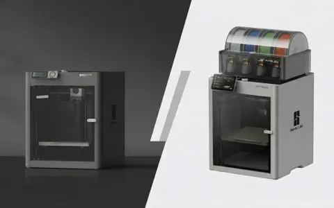 Dwa drukarki 3D Bambu Lab P1P, jedna w ciemnej, druga w jasnej odsłonie, z widocznym systemem AMS.