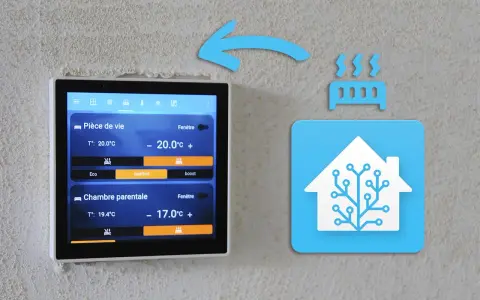 Écran tactile de domotique affichant la température de deux pièces. Apprenez comment programmer un programmateur pour optimiser votre confort.