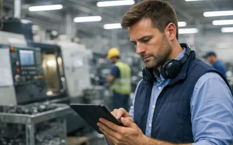 Mężczyzna w słuchawkach na szyi sprawdza tablet na hali produkcyjnej. Zastanawia się, ile zarabia planista produkcji.