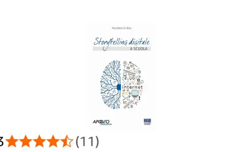 Copertina libro "Storytelling digitale a scuola". Un cervello stilizzato, metà circuito elettronico, metà disegni legati a internet e tecnologia, simboleggia un'app per storytelling.