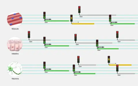 Diagrama ilustra la función del ARN en músculo, intestino y neurona, mostrando la activación y expresión de genes con semáforos.