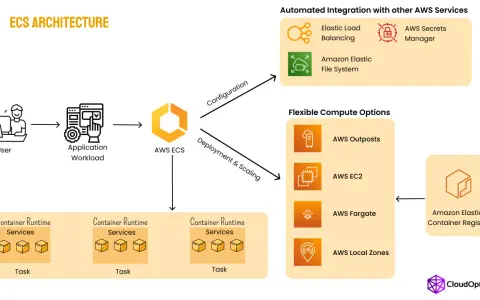 AWS ECS-Architektur: User, Application Workload, Container Runtime Services, und flexible Compute-Optionen wie AWS Fargate für Ihren aws container.