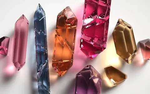 Cristales facetados de diversos tipos de cuarzo: rosa, azul, naranja, fucsia, dorado y amatista, brillan sobre fondo blanco.