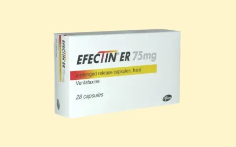 Opakowanie leku Efectin ER 75mg, zawierające 28 kapsułek o przedłużonym uwalnianiu z wenlafaksyną.