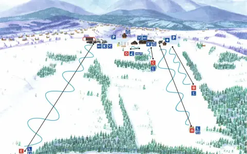Mapa wyciągów narciarskich w Bukowinie Tatrzańskiej. Widok na stoki, lasy i górskie chatki.